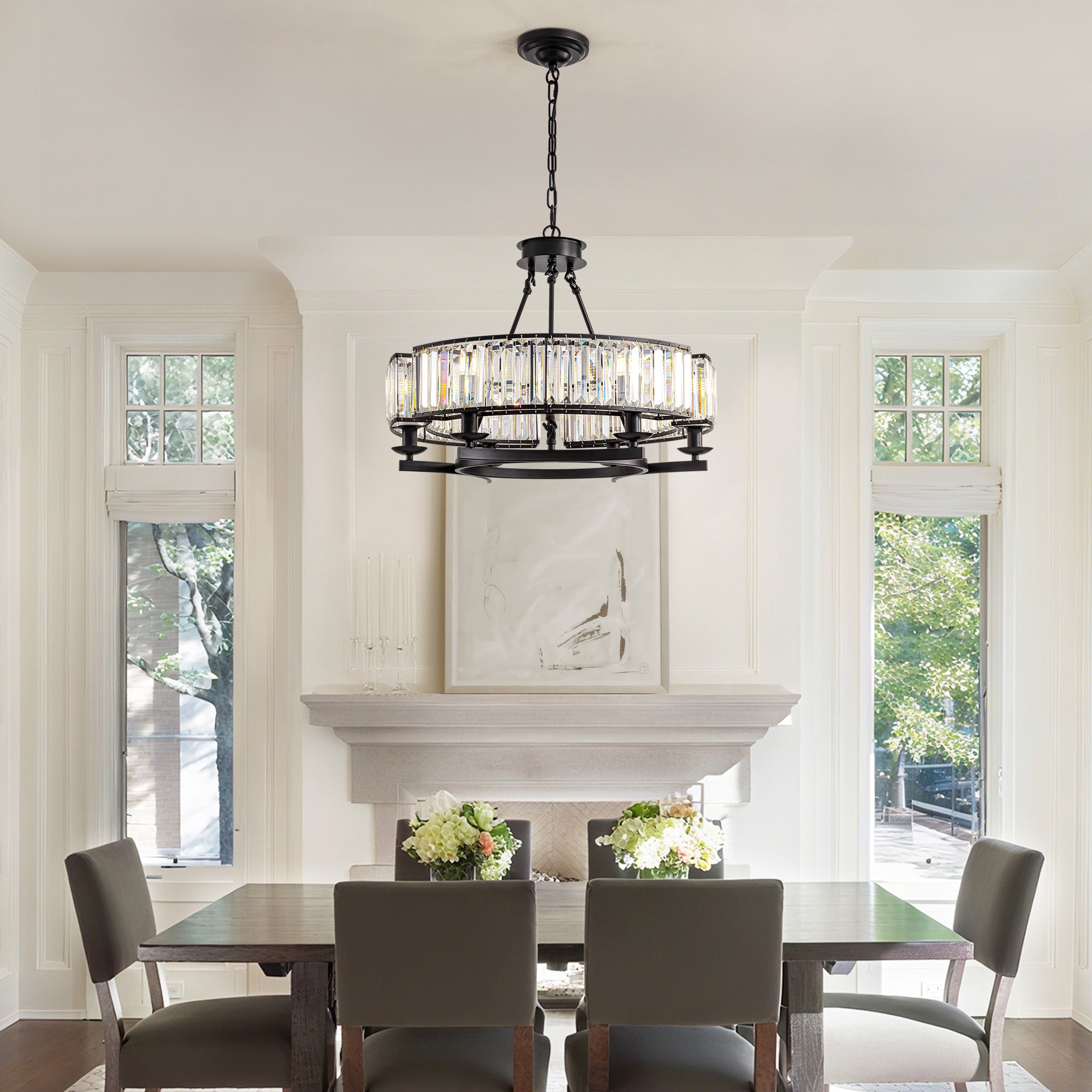 26 in. Modern 6-Light Farmhouse Crystal Drum Matte Black Wagon Wheel Chandelier Ceiling Semi Flush Mount