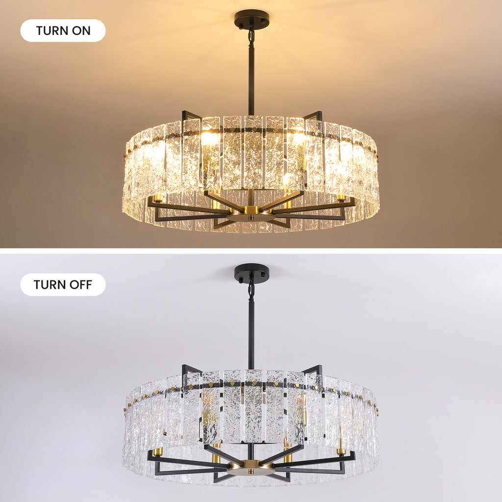 8 - Light Dimmable  Drum Chandelier with Textured Glass, Modern Lighting for Kitchen Island or Dining Room