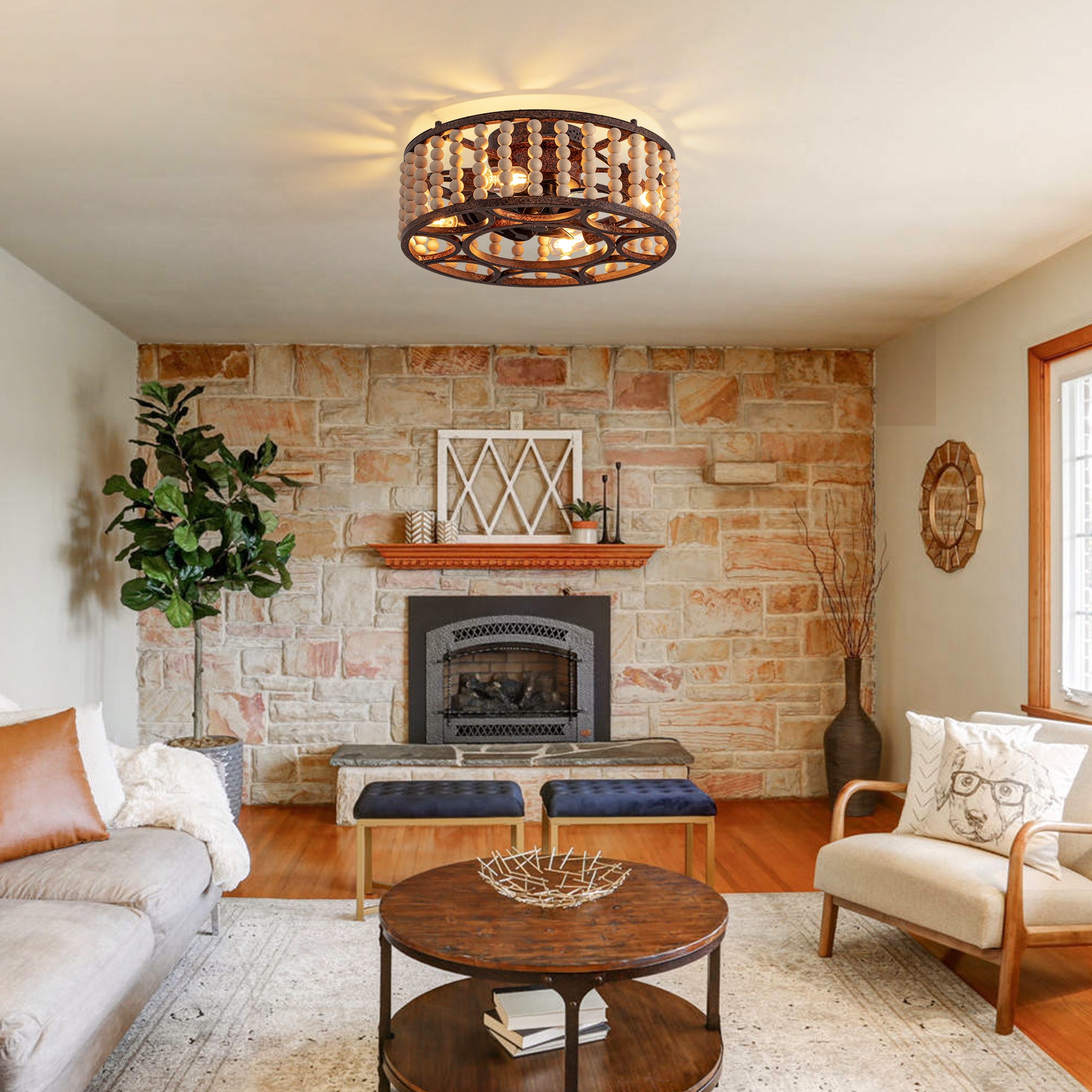 20 in. Indoor Walnut Beaded Caged Ceiling Fan with Light and Remote, Flush Mount Fan for Living Room,Dining Room,Kitchen