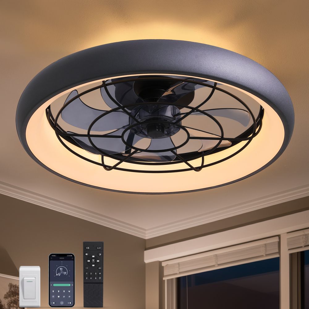 20 in. Indoor LED Black Flush Mount Ceiling Fan with Light Dimmable for Bedroom Lighting APP Remote Control