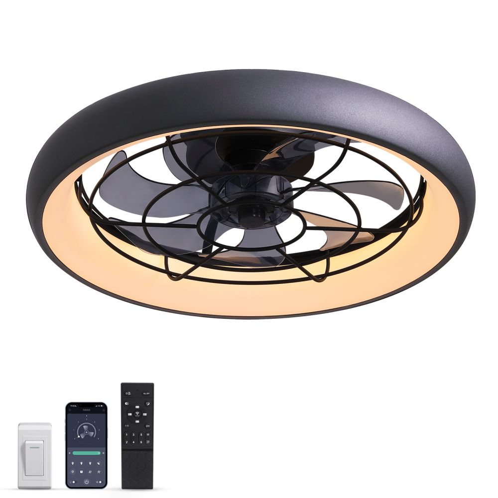 20 in. Indoor LED Black Flush Mount Ceiling Fan with Light Dimmable for Bedroom Lighting APP Remote Control