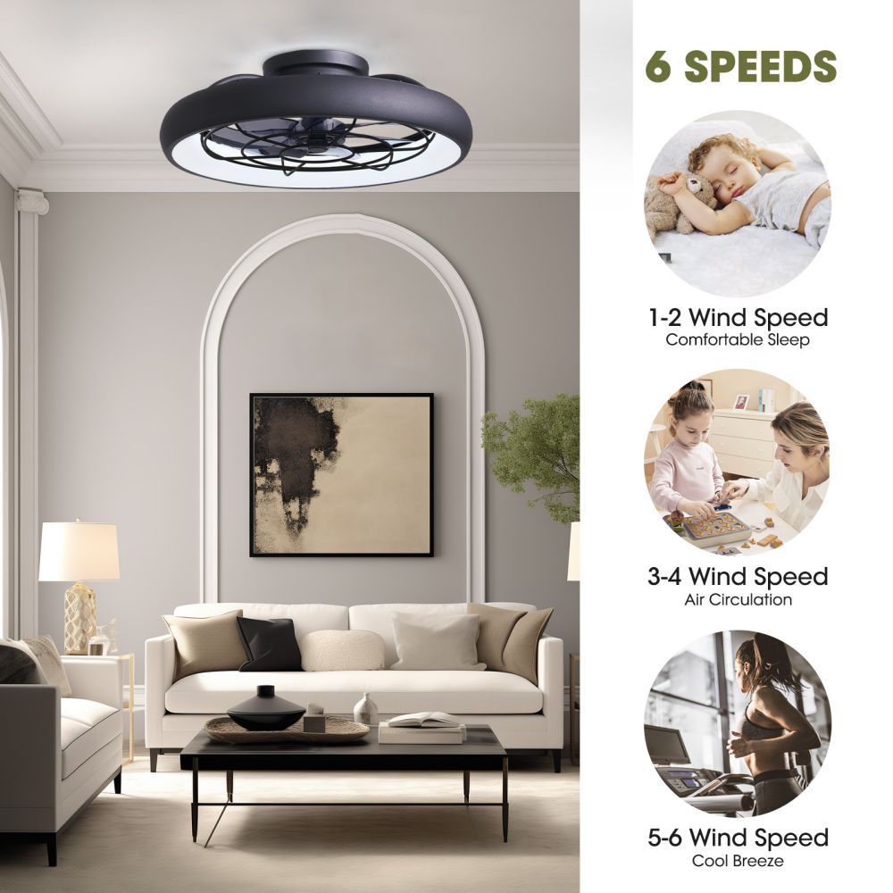 20 in. Indoor LED Black Flush Mount Ceiling Fan with Light Dimmable for Bedroom Lighting APP Remote Control
