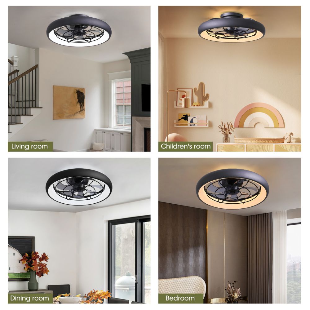 20 in. Indoor LED Black Flush Mount Ceiling Fan with Light Dimmable for Bedroom Lighting APP Remote Control