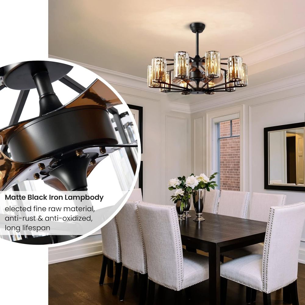 36 in. Indoor 8-Light Black Farmhouse Caged Crystal Chandelier Ceiling Fan with Light and Remote Control for Living Room