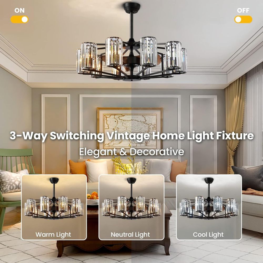 36 in. Indoor 8-Light Black Farmhouse Caged Crystal Chandelier Ceiling Fan with Light and Remote Control for Living Room