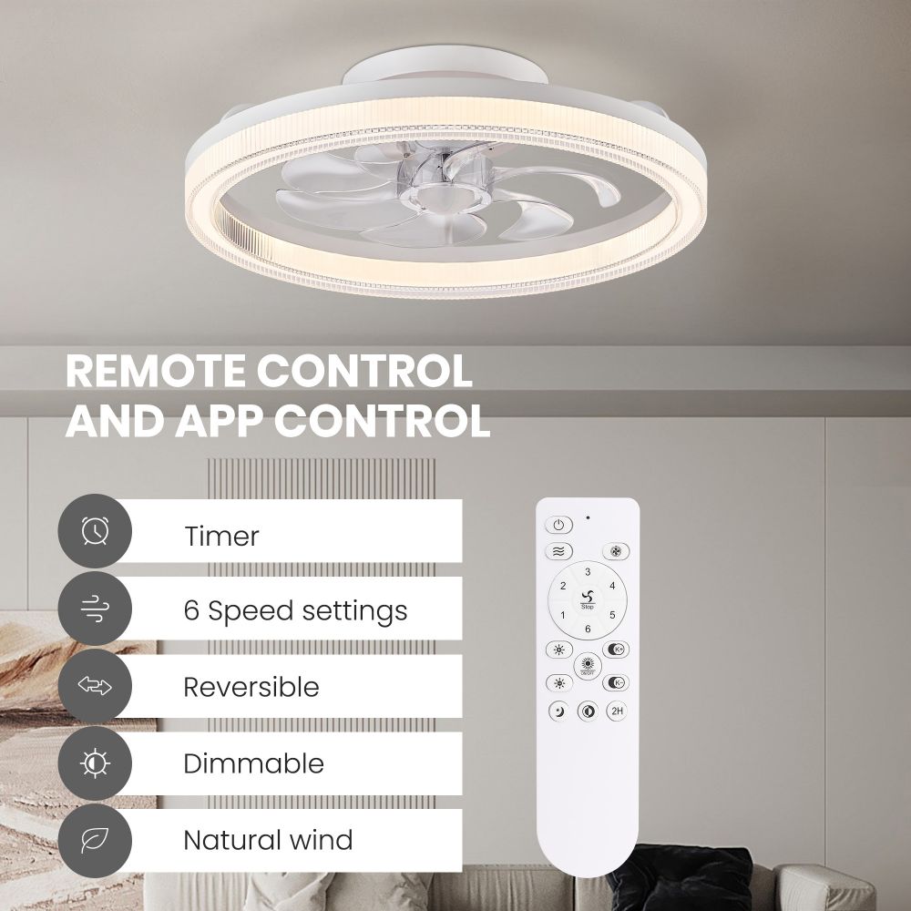 20 in. LED Indoor White Low Profile Ceiling Fan with Dimmable Lighting Small Flush Mount Ceiling Fan with Remote