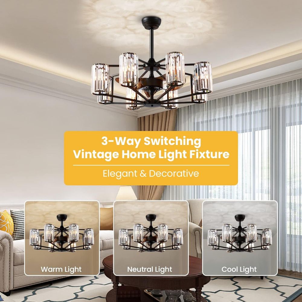 36 in. Indoor 8-Light Black Farmhouse Caged Crystal Chandelier Ceiling Fan with Light and Remote Control for Living Room