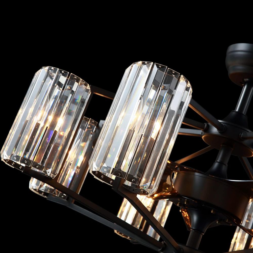 36 in. Indoor 8-Light Black Farmhouse Caged Crystal Chandelier Ceiling Fan with Light and Remote Control for Living Room
