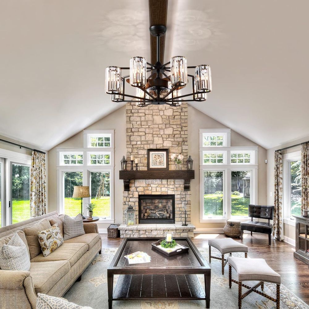 36 in. Indoor 8-Light Black Farmhouse Caged Crystal Chandelier Ceiling Fan with Light and Remote Control for Living Room