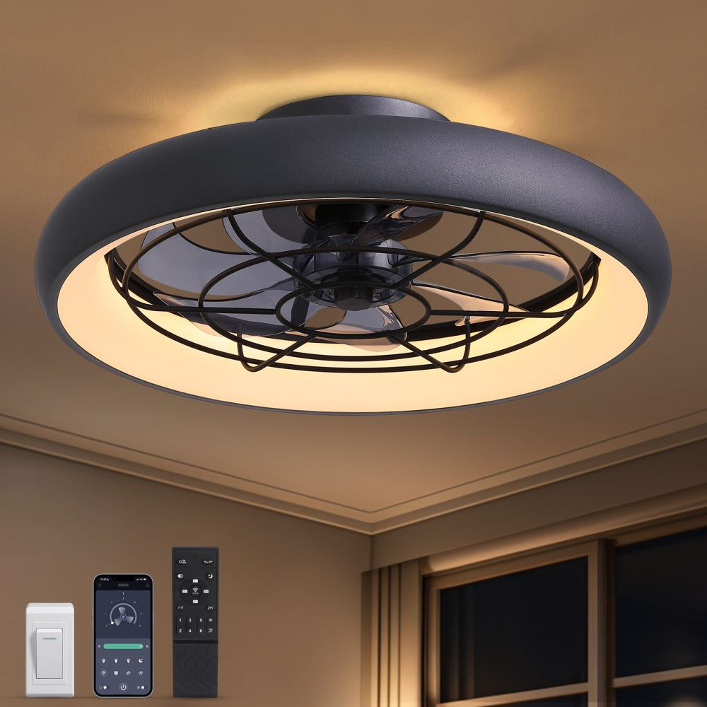 20 in. Indoor LED Black Flush Mount Ceiling Fan with Light Dimmable for Bedroom Lighting APP Remote Control