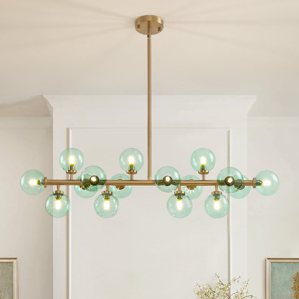 40 in. 16-Light Modern Dimmable Bubble Glass Sputnik Green and Gold Globe Chandelier for Dining Room and Living Room