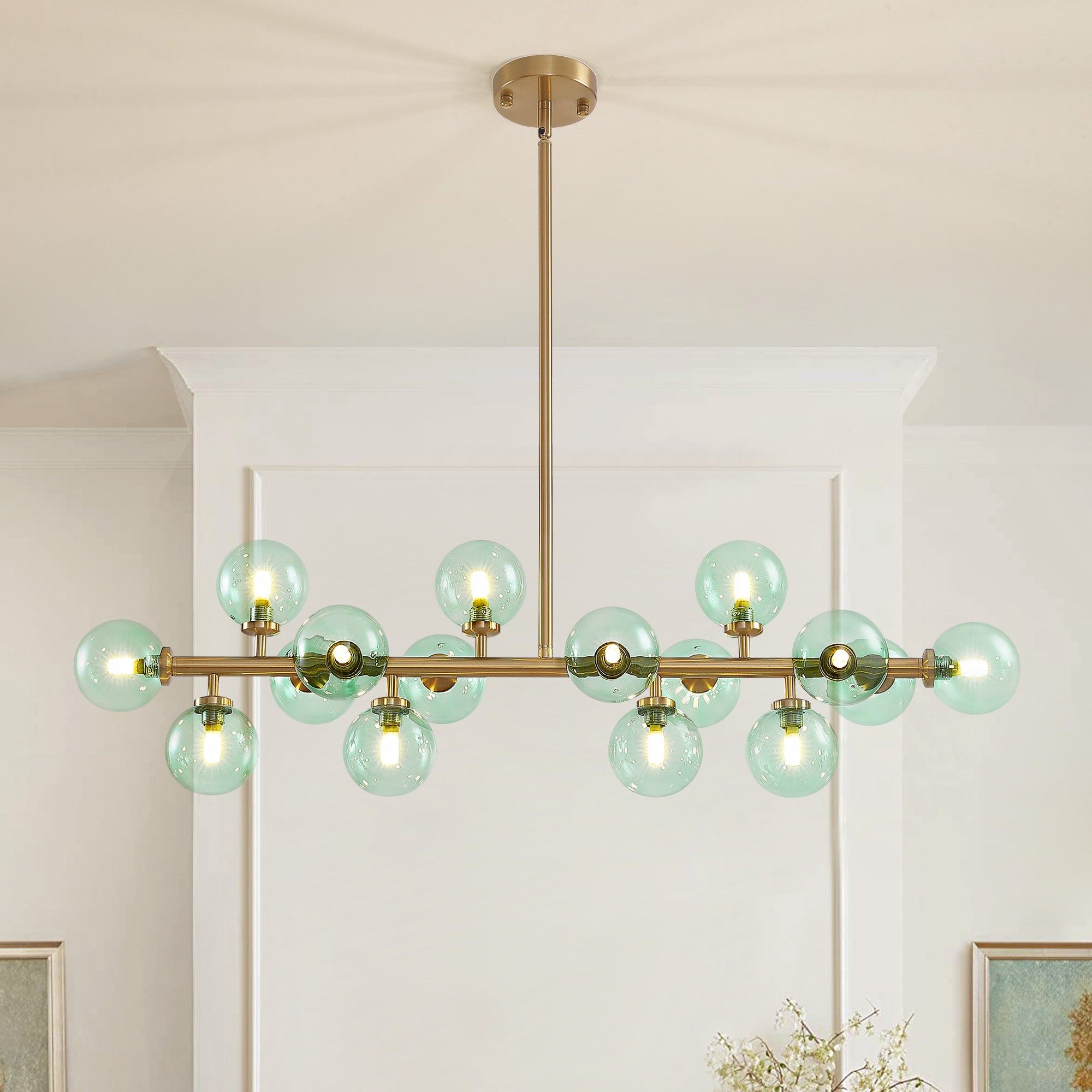 40 in. 16-Light Modern Dimmable Bubble Glass Sputnik Green and Gold Globe Chandelier for Dining Room and Living Room