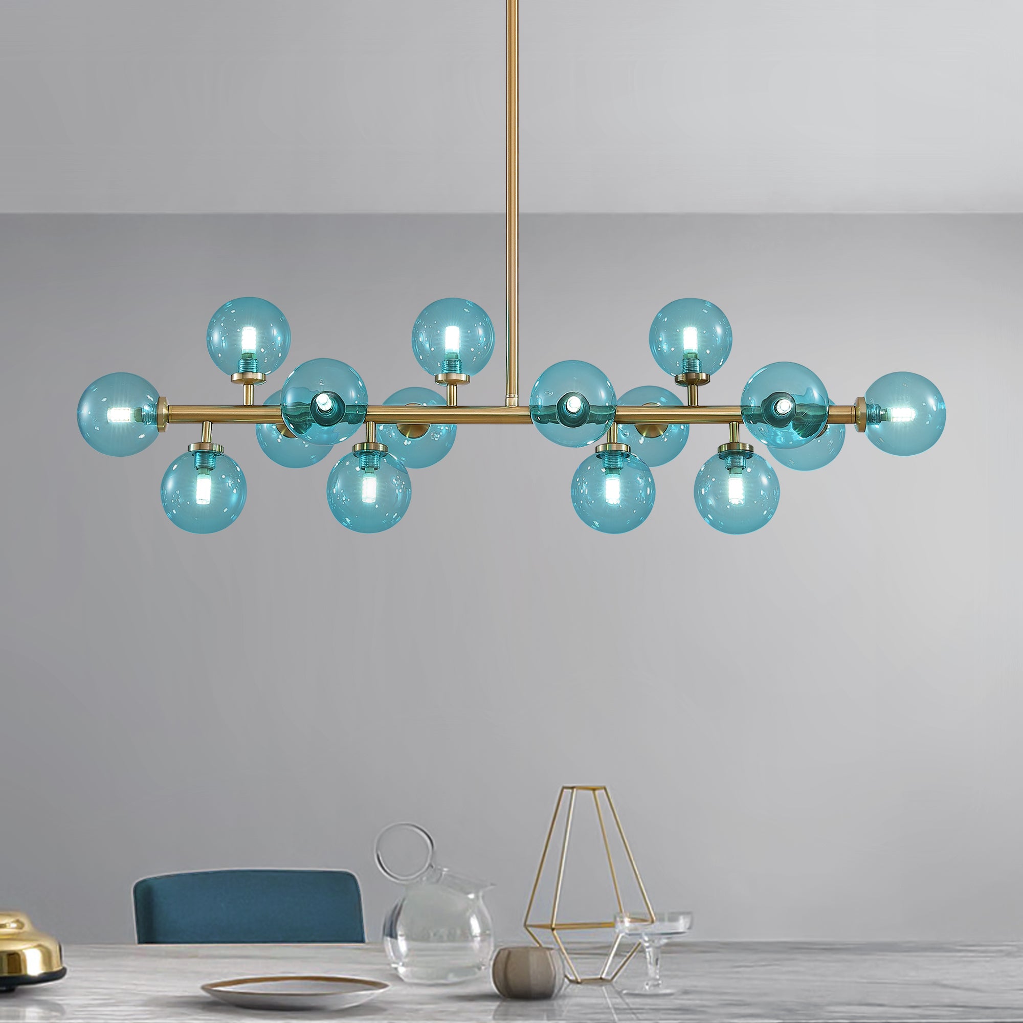 40 in. 16-Light Modern Dimmable Bubble Glass Sputnik Gold and Blue Globe Chandelier for Dining Room and Living Room