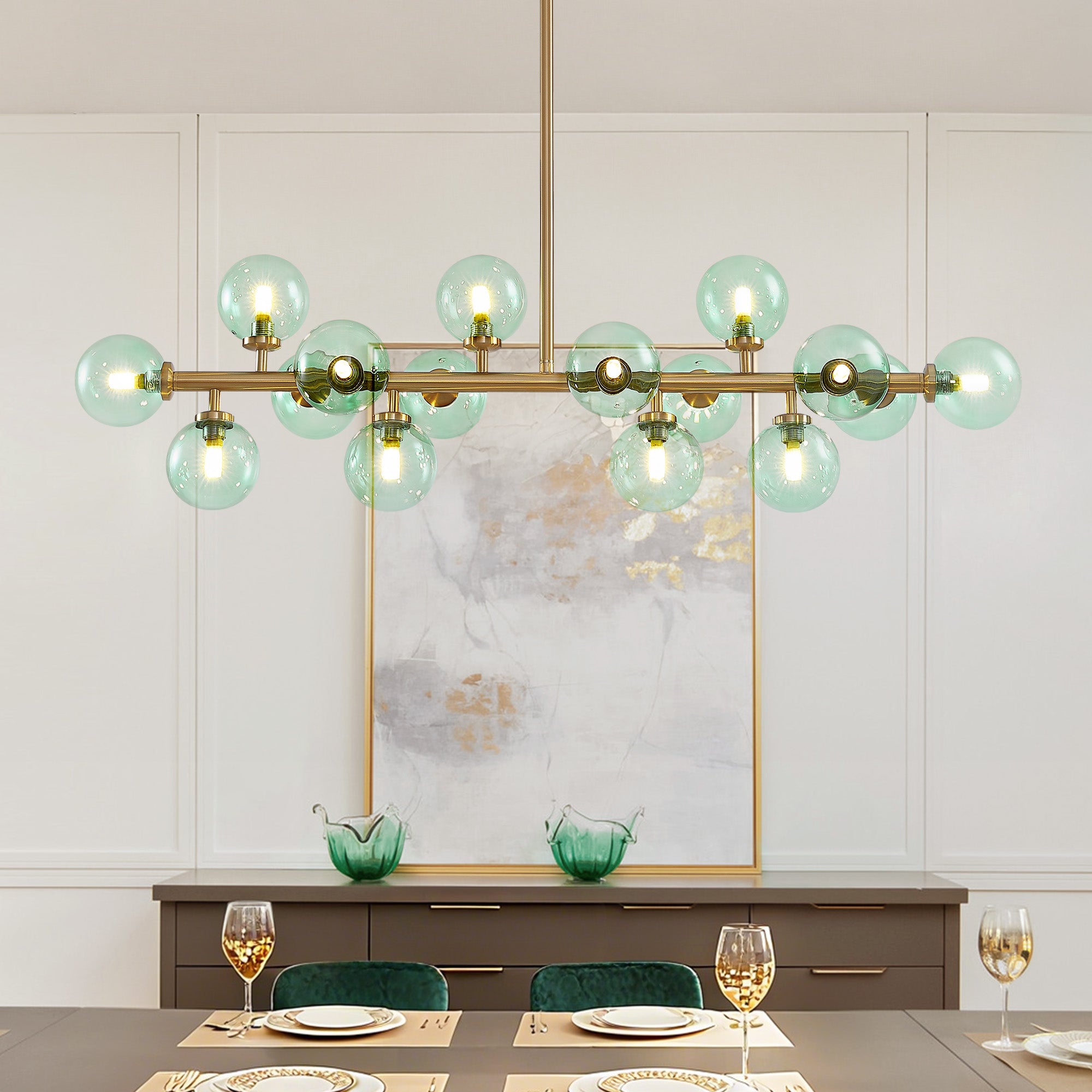 40 in. 16-Light Modern Dimmable Bubble Glass Sputnik Green and Gold Globe Chandelier for Dining Room and Living Room