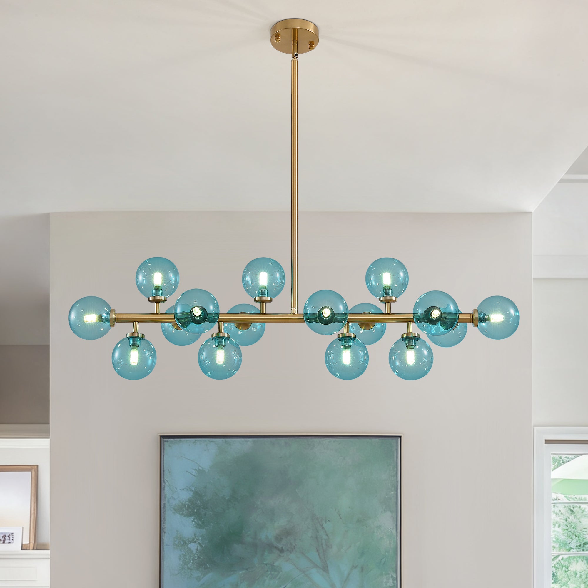 40 in. 16-Light Modern Dimmable Bubble Glass Sputnik Gold and Blue Globe Chandelier for Dining Room and Living Room