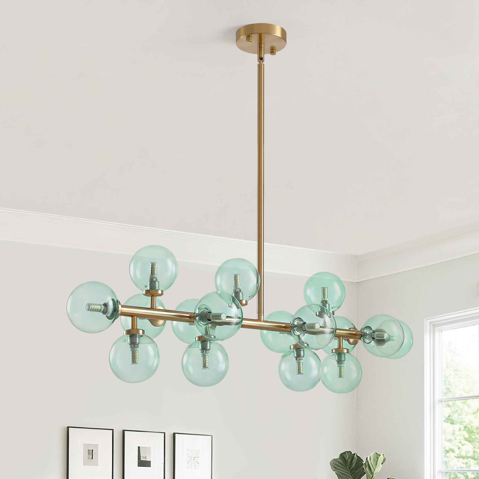 40 in. 16-Light Modern Dimmable Bubble Glass Sputnik Green and Gold Globe Chandelier for Dining Room and Living Room