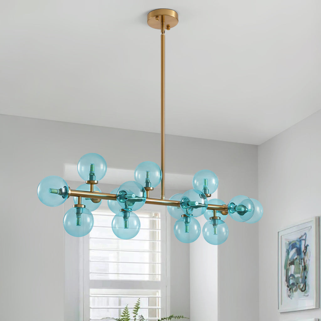 40 in. 16-Light Modern Dimmable Bubble Glass Sputnik Gold and Blue Globe Chandelier for Dining Room and Living Room