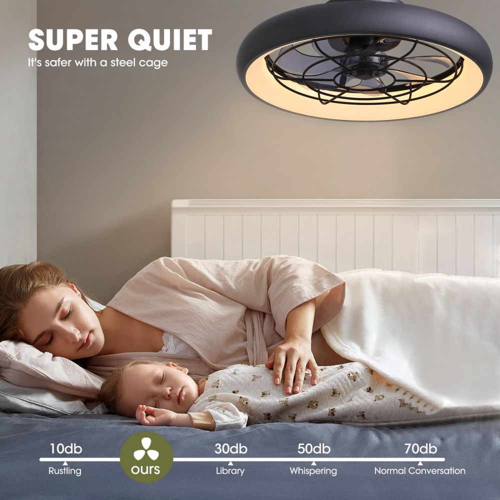 20 in. Indoor LED Black Flush Mount Ceiling Fan with Light Dimmable for Bedroom Lighting APP Remote Control