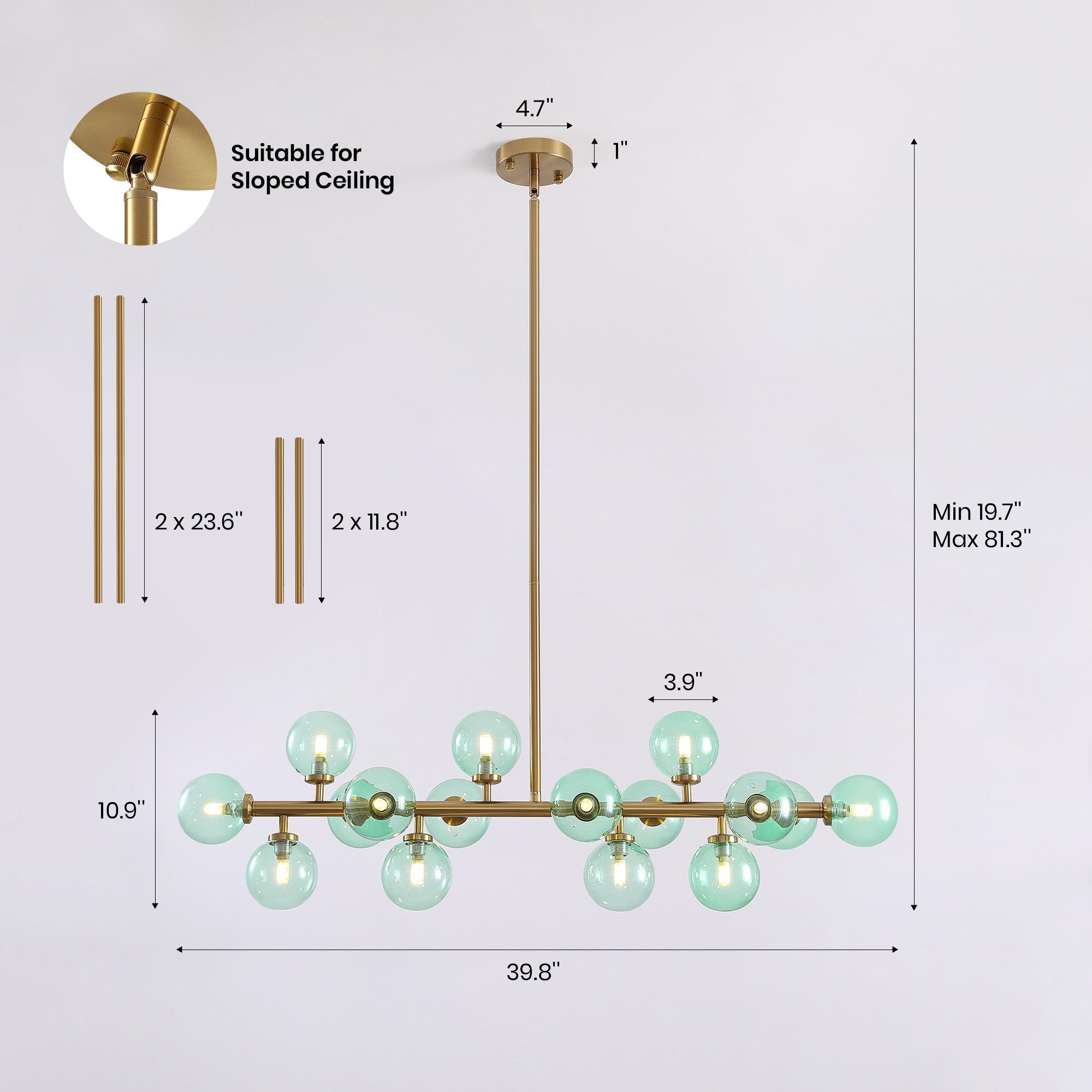 40 in. 16-Light Modern Dimmable Bubble Glass Sputnik Green and Gold Globe Chandelier for Dining Room and Living Room
