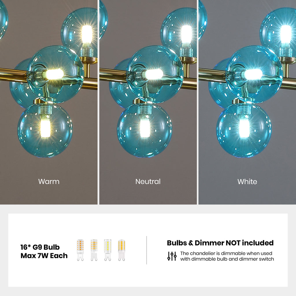 40 in. 16-Light Modern Dimmable Bubble Glass Sputnik Gold and Blue Globe Chandelier for Dining Room and Living Room