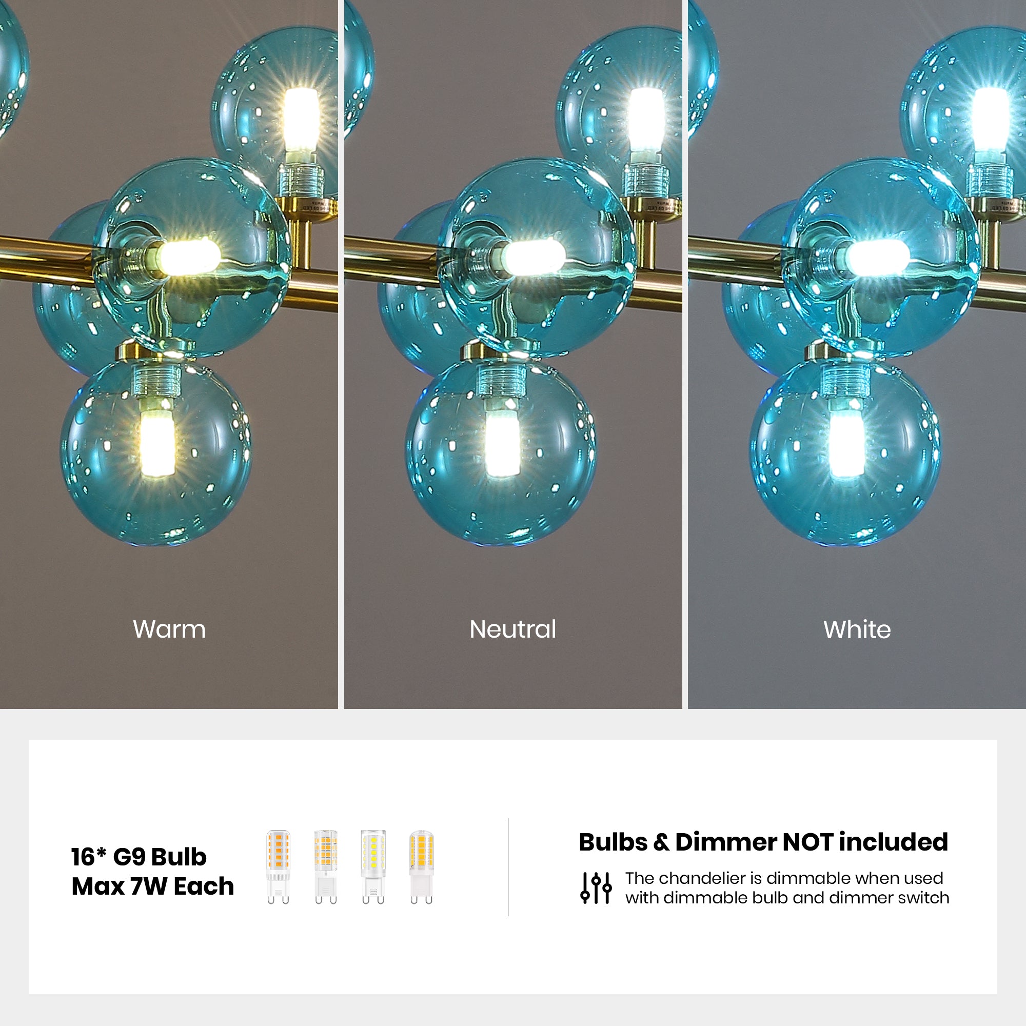 40 in. 16-Light Modern Dimmable Bubble Glass Sputnik Gold and Blue Globe Chandelier for Dining Room and Living Room