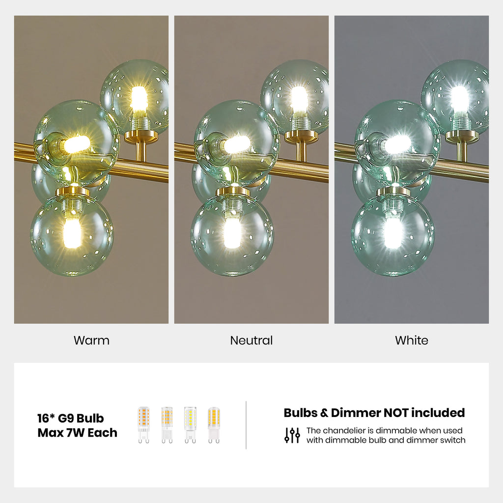 40 in. 16-Light Modern Dimmable Bubble Glass Sputnik Green and Gold Globe Chandelier for Dining Room and Living Room