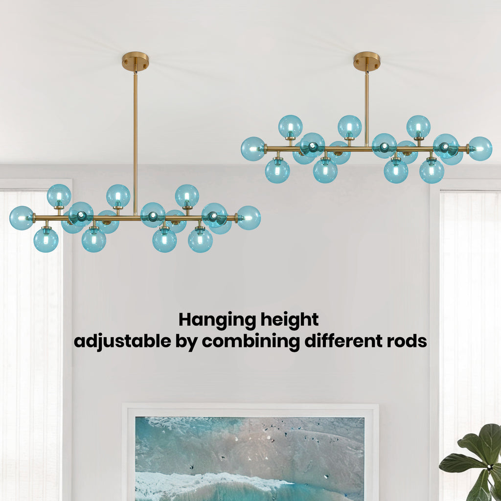 40 in. 16-Light Modern Dimmable Bubble Glass Sputnik Gold and Blue Globe Chandelier for Dining Room and Living Room