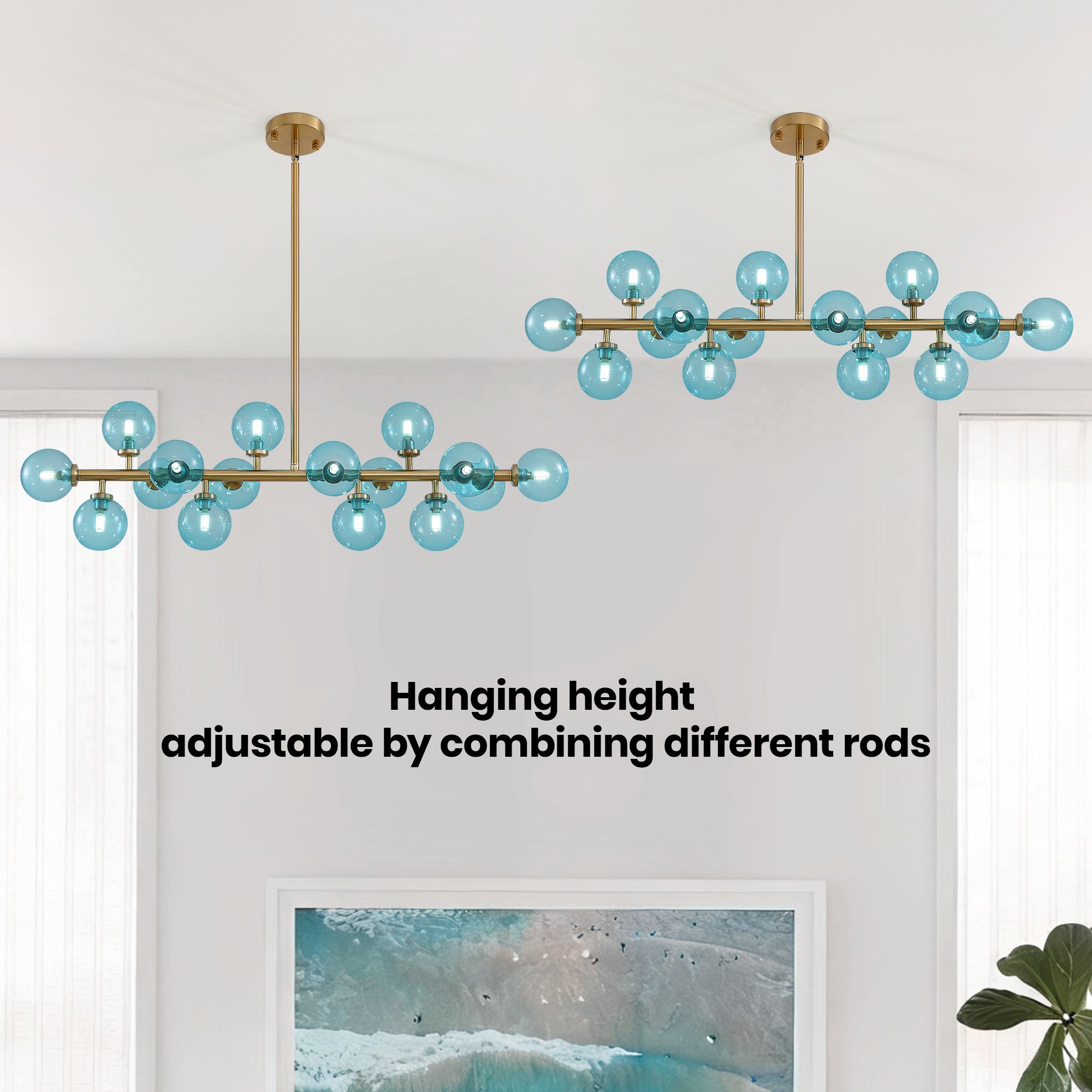 40 in. 16-Light Modern Dimmable Bubble Glass Sputnik Gold and Blue Globe Chandelier for Dining Room and Living Room