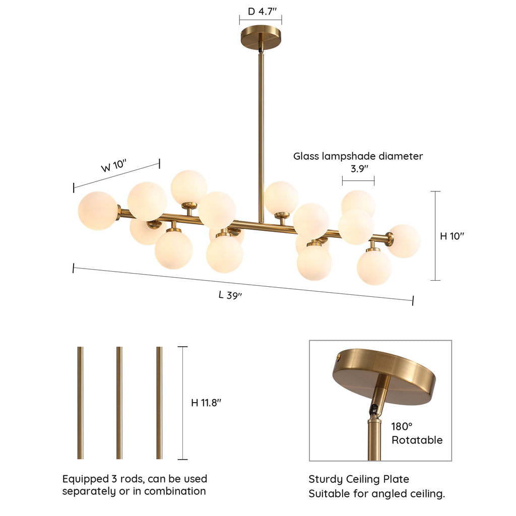 40 in. 16-Light Modern Dimmable Bubble Glass Sputnik Gold Glass Globe Chandelier for Dining Room and Living Room
