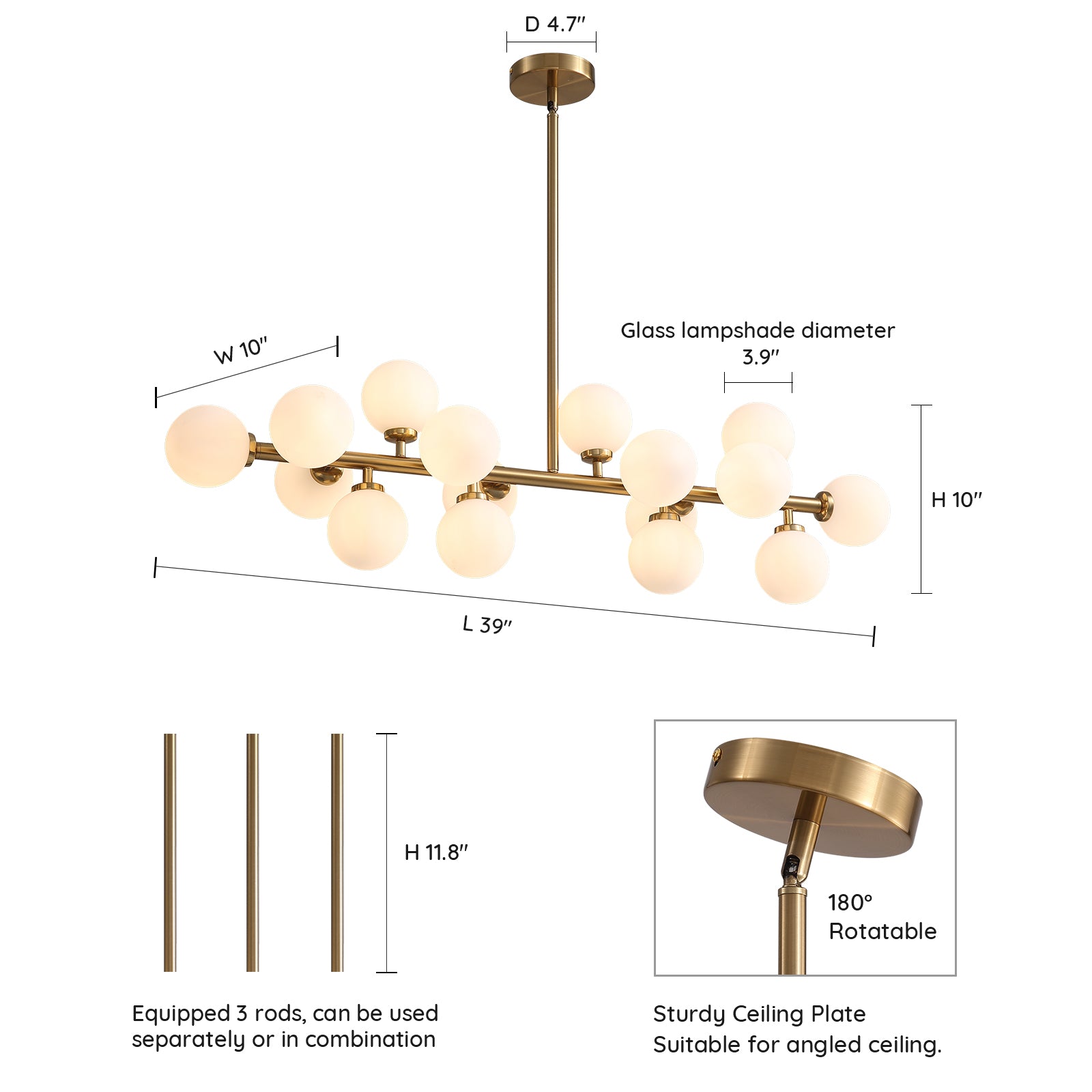 40 in. 16-Light Modern Dimmable Bubble Glass Sputnik Gold Glass Globe Chandelier for Dining Room and Living Room