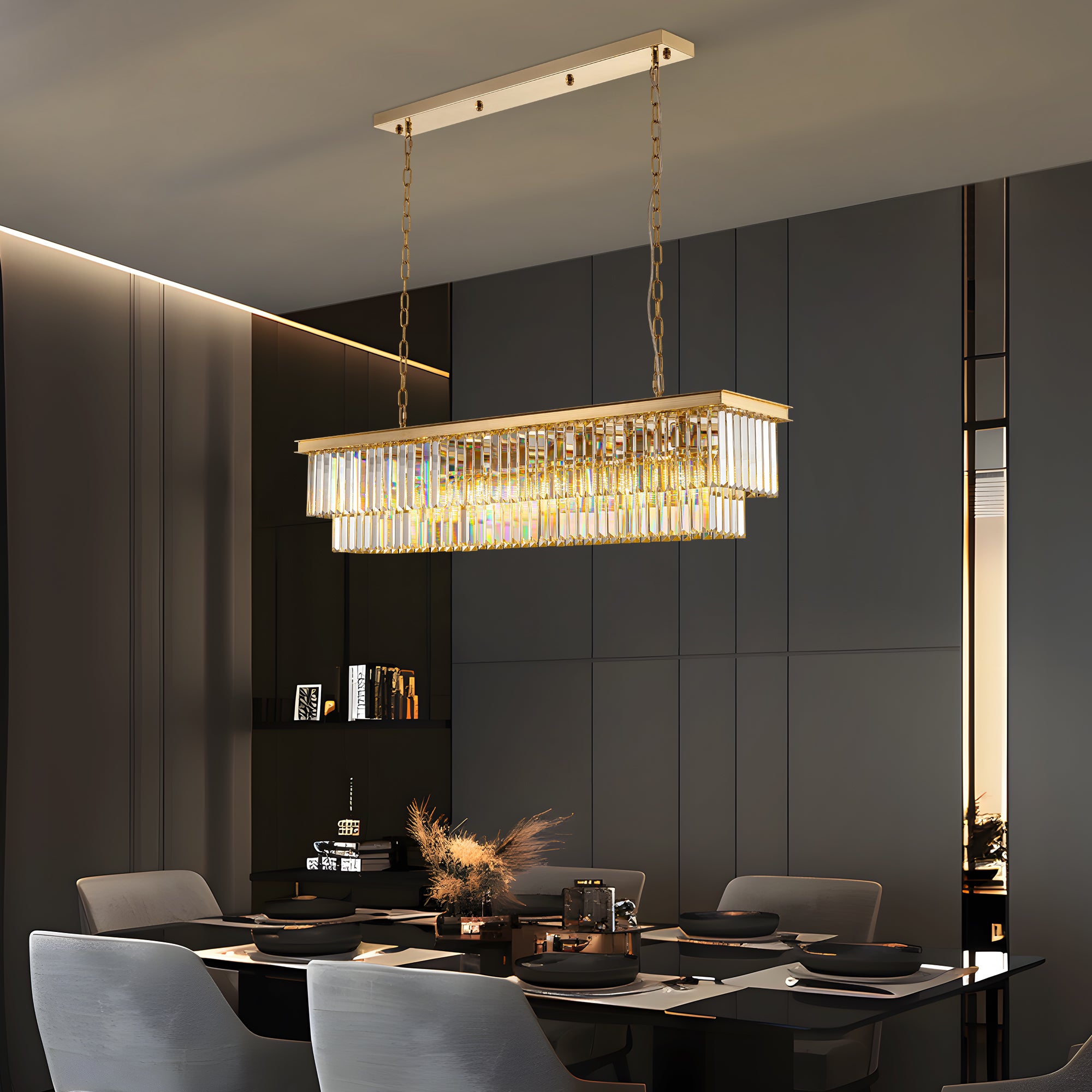 47 in. Modern 8-Lights Gold Rectangle Crystal Chandelier with Light Dining Room or Kitchen