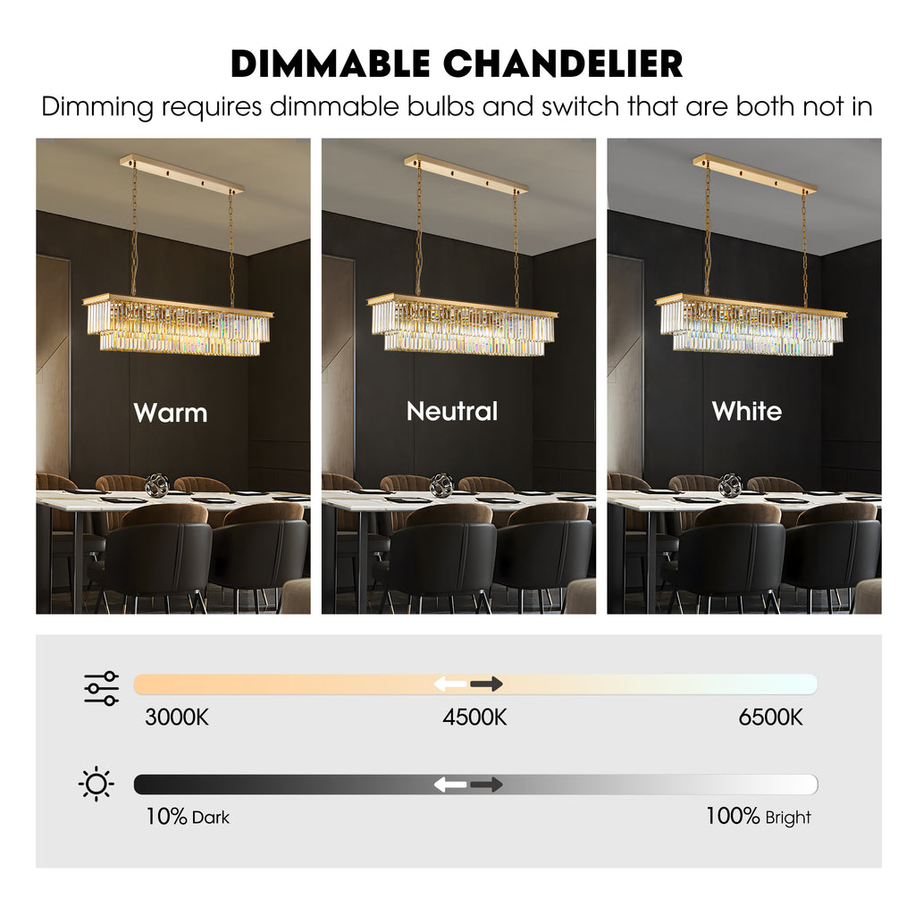 47 in. Modern 8-Lights Gold Rectangle Crystal Chandelier with Light Dining Room or Kitchen