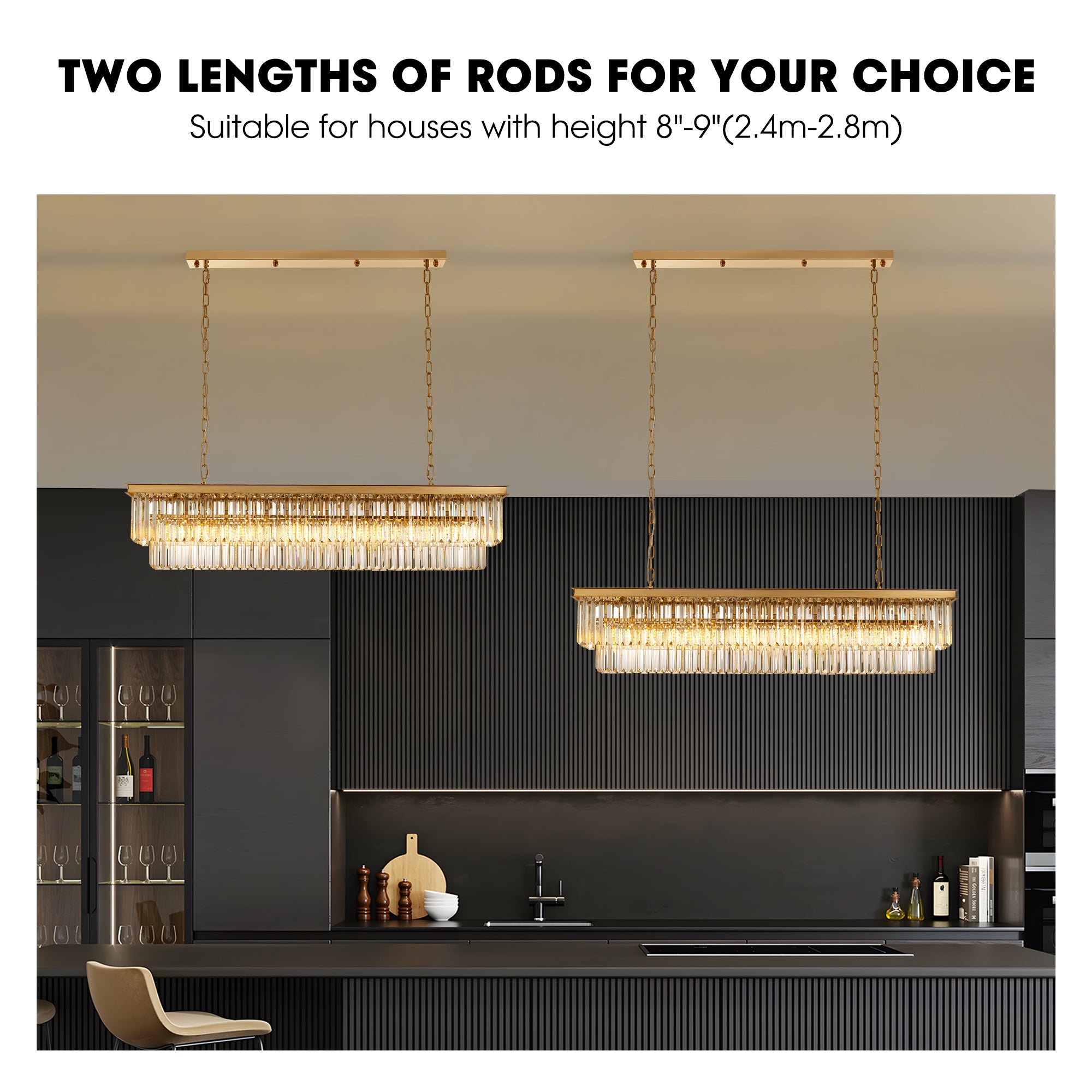 47 in. Modern 8-Lights Gold Rectangle Crystal Chandelier with Light Dining Room or Kitchen