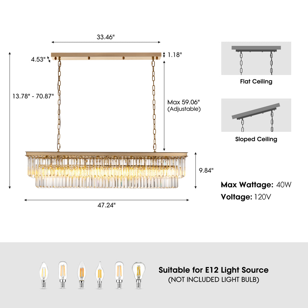 47 in. Modern 8-Lights Gold Rectangle Crystal Chandelier with Light Dining Room or Kitchen