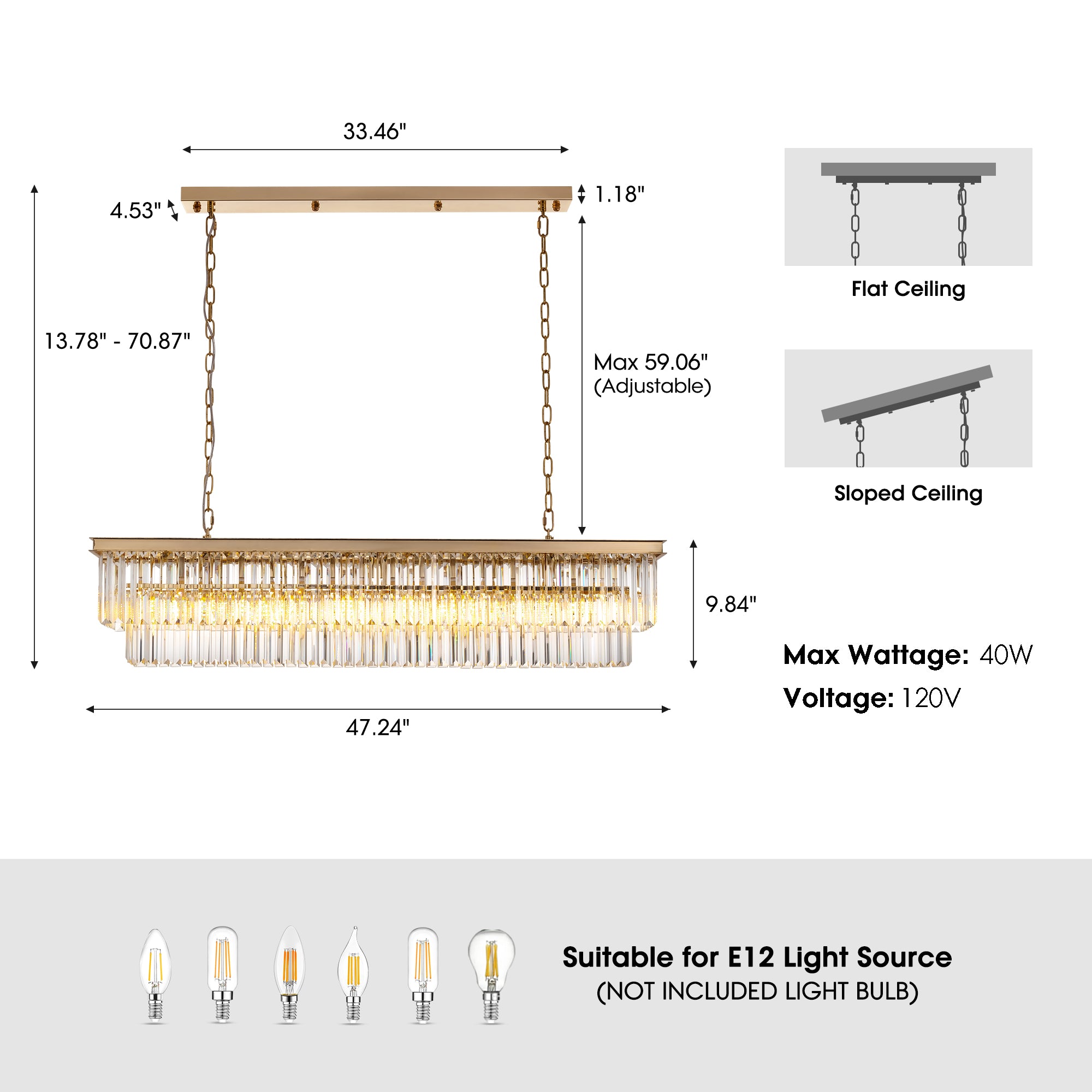 47 in. Modern 8-Lights Gold Rectangle Crystal Chandelier with Light Dining Room or Kitchen