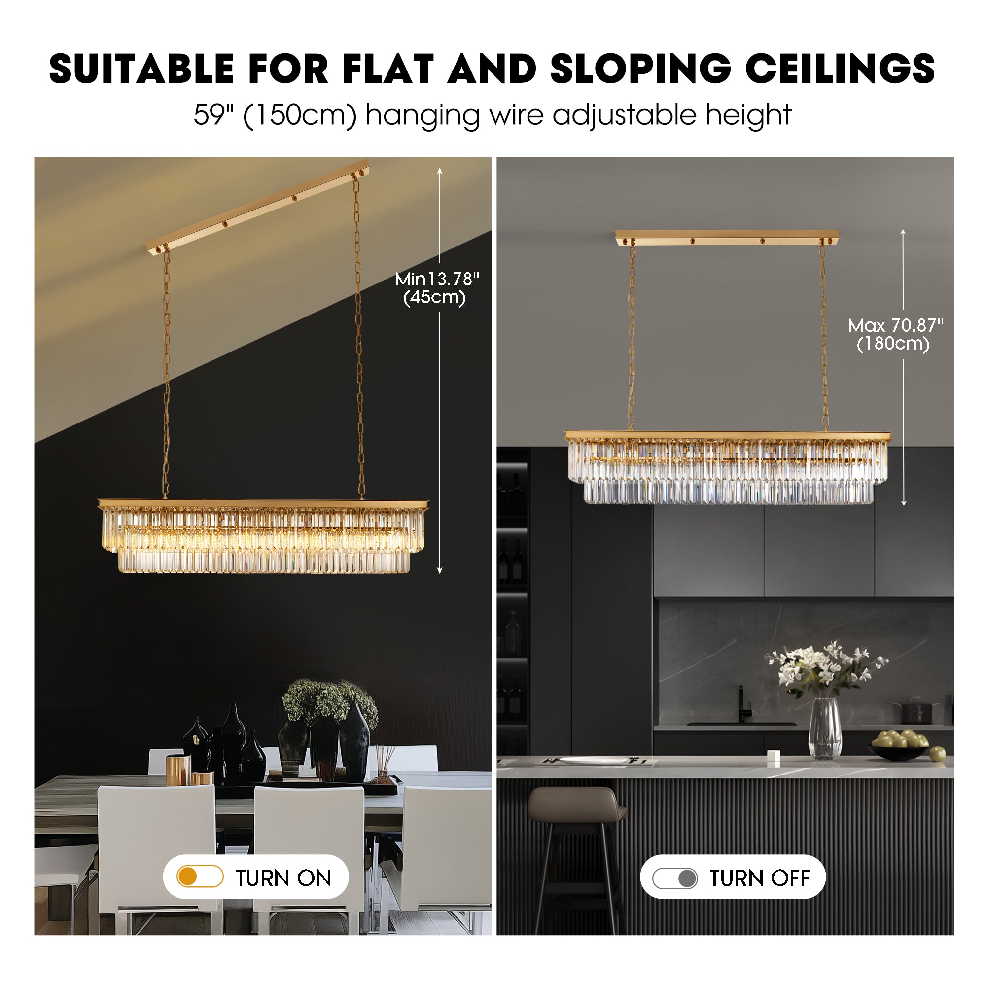 47 in. Modern 8-Lights Gold Rectangle Crystal Chandelier with Light Dining Room or Kitchen