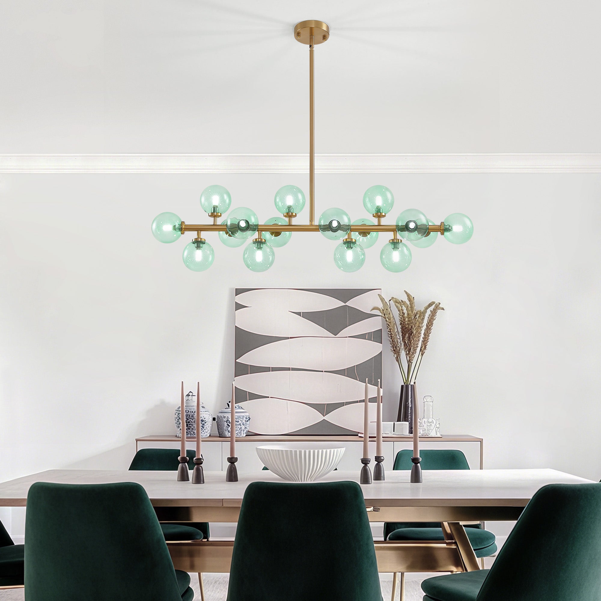 40 in. 16-Light Modern Dimmable Bubble Glass Sputnik Green and Gold Globe Chandelier for Dining Room and Living Room