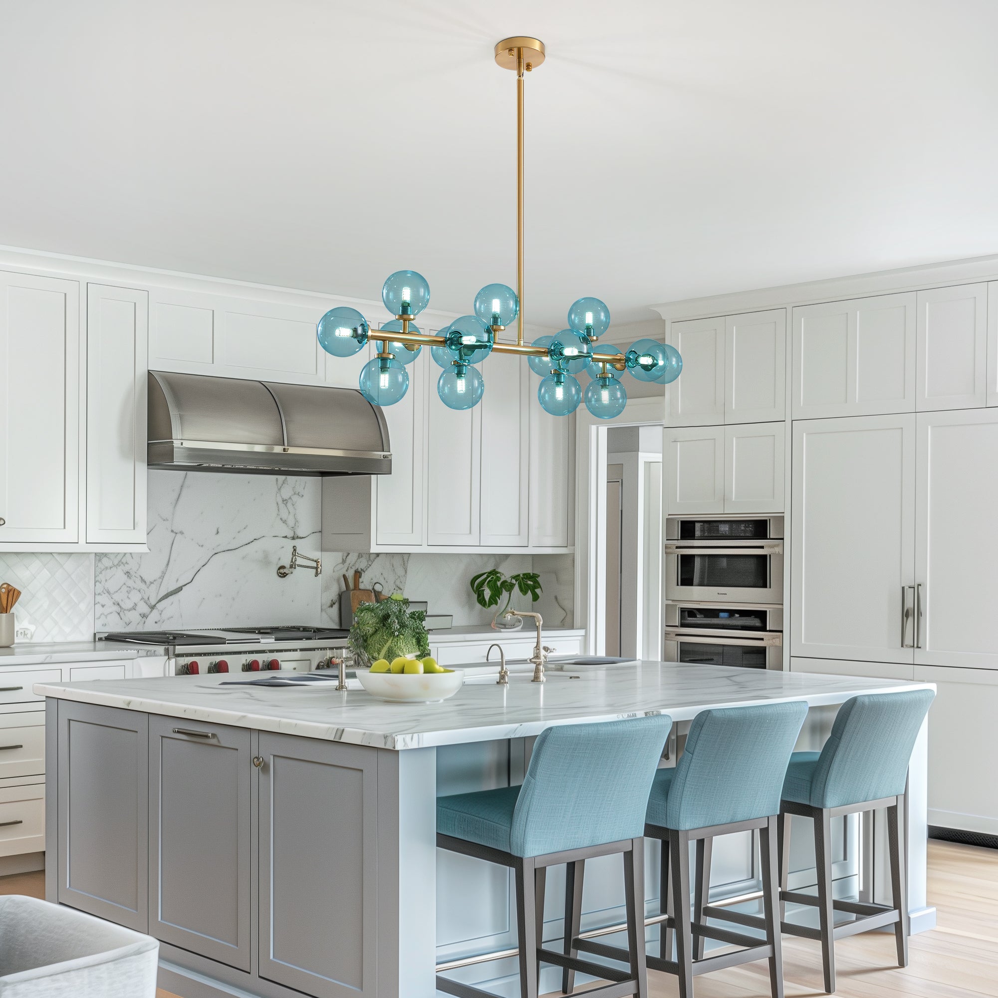 40 in. 16-Light Modern Dimmable Bubble Glass Sputnik Gold and Blue Globe Chandelier for Dining Room and Living Room
