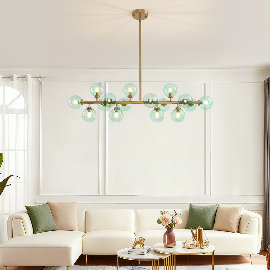 40 in. 16-Light Modern Dimmable Bubble Glass Sputnik Green and Gold Globe Chandelier for Dining Room and Living Room