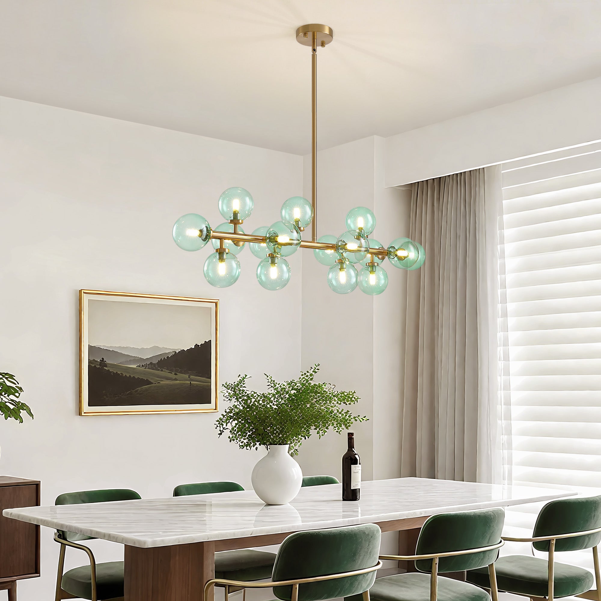 40 in. 16-Light Modern Dimmable Bubble Glass Sputnik Green and Gold Globe Chandelier for Dining Room and Living Room