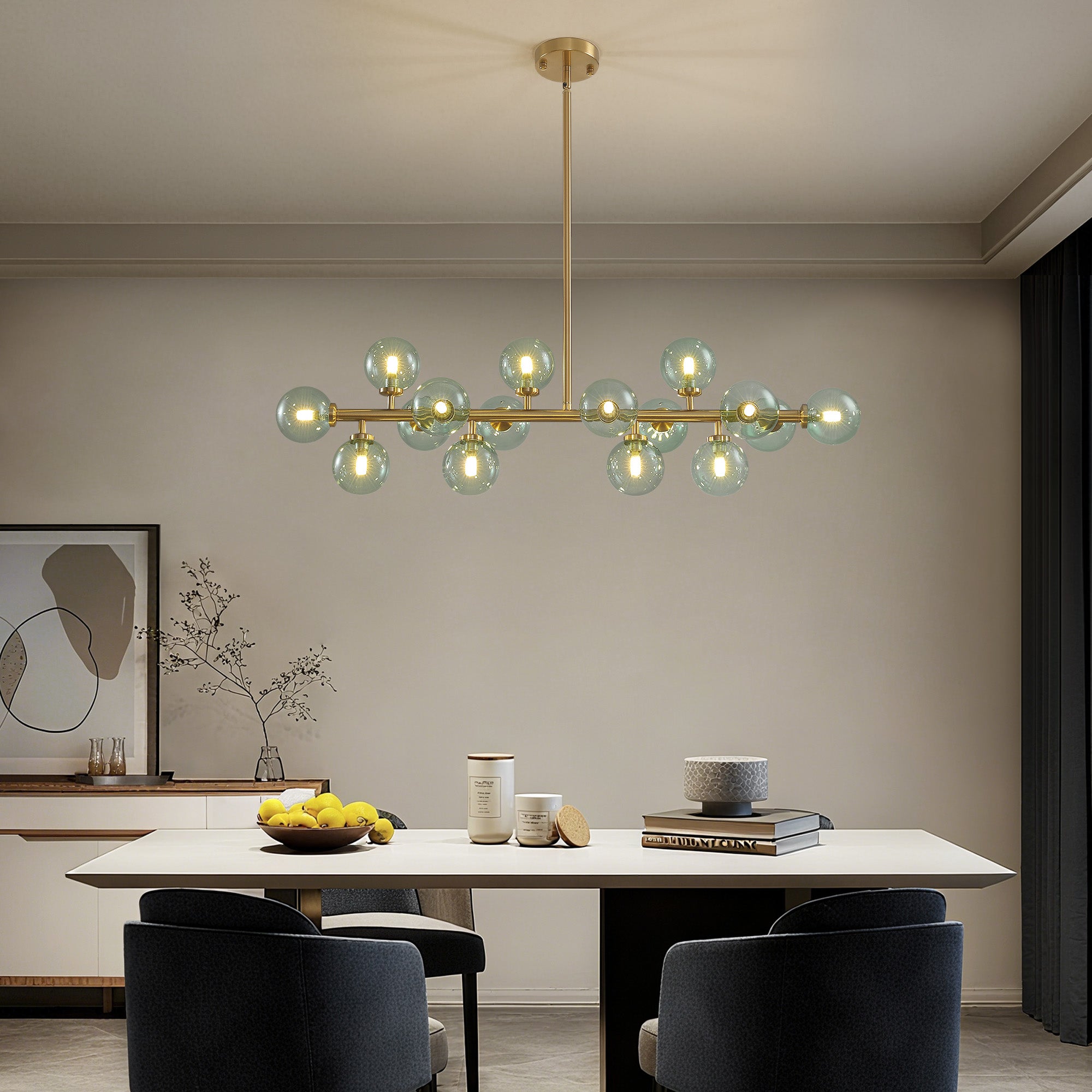 40 in. 16-Light Modern Dimmable Bubble Glass Sputnik Green and Gold Globe Chandelier for Dining Room and Living Room