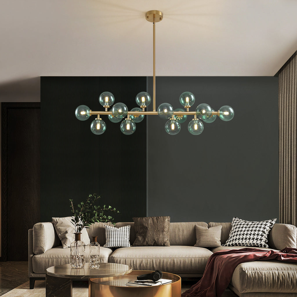 40 in. 16-Light Modern Dimmable Bubble Glass Sputnik Green and Gold Globe Chandelier for Dining Room and Living Room