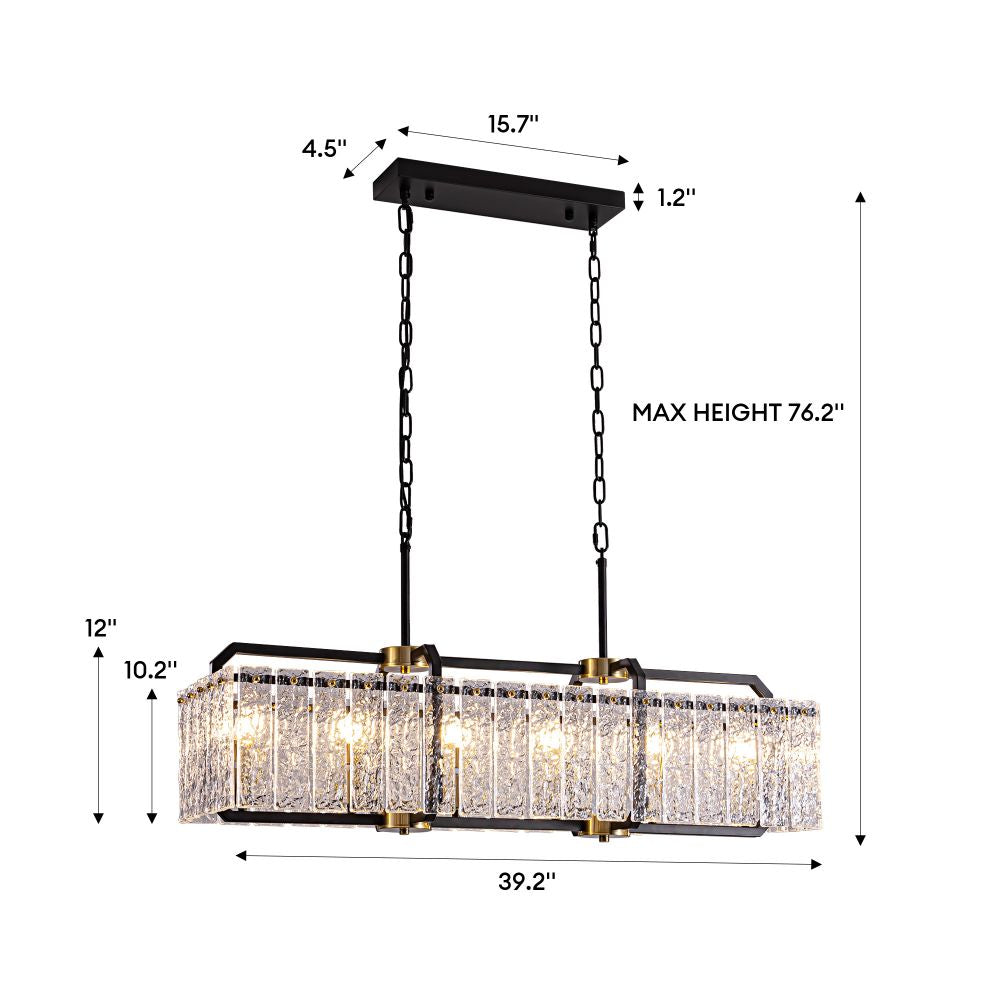39 in. Modern 6-Light Rectangle Black Crystal Chandelier for Dinning Room