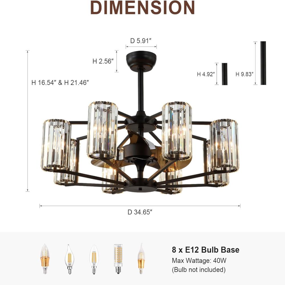 36 in. Indoor 10-Light Black Crystal Ceiling Fan with Light and Remote Control, Farmhouse Chandelier Fan for Living Room