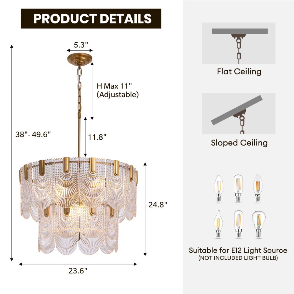 24 in. 9-Light Glass Modern Gold Chandelier for Dining Room and Living Room