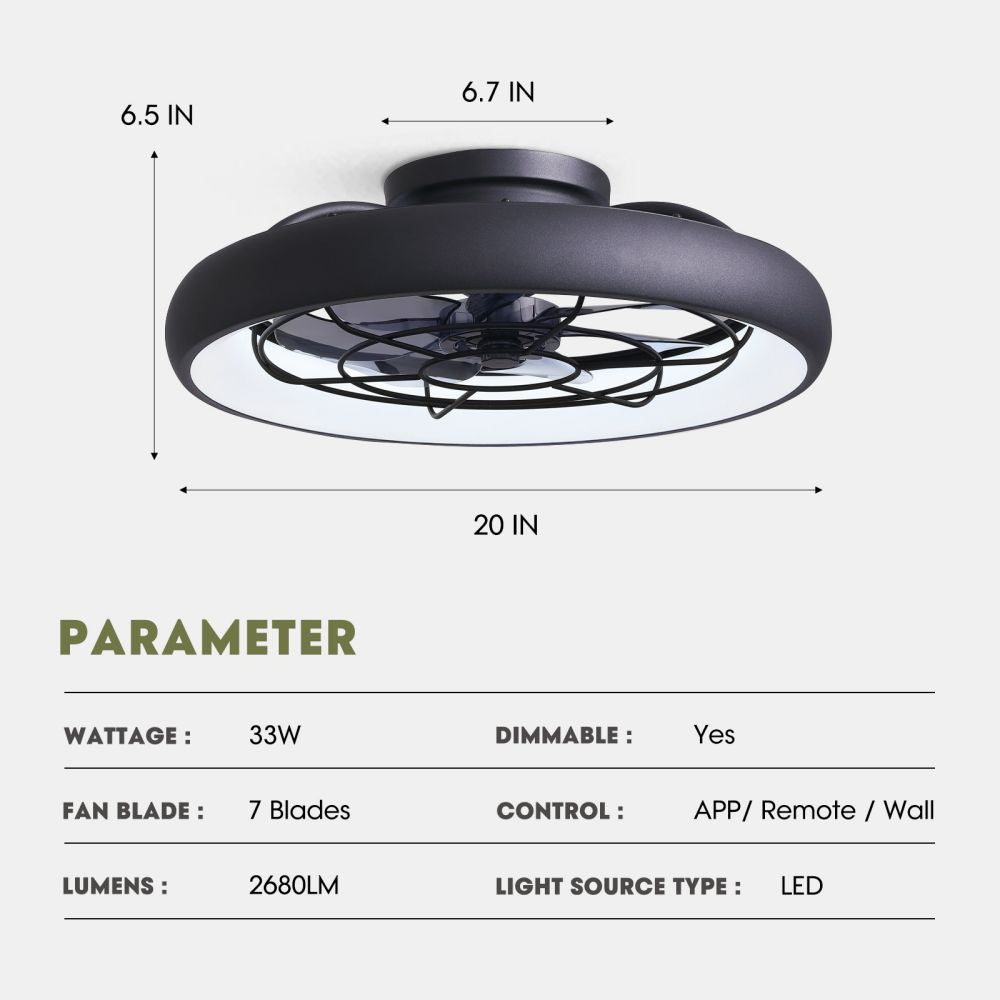 20 in. Indoor LED Black Flush Mount Ceiling Fan with Light Dimmable for Bedroom Lighting APP Remote Control