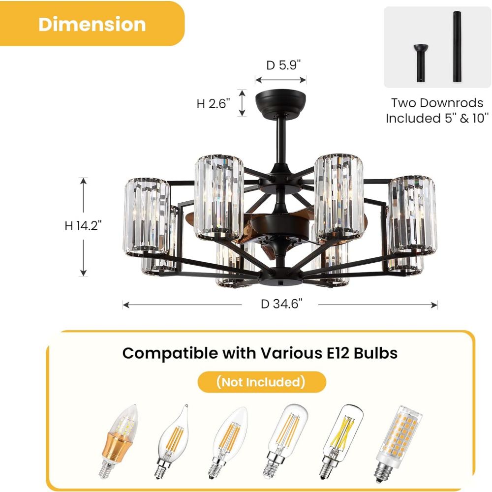 36 in. Indoor 8-Light Black Farmhouse Caged Crystal Chandelier Ceiling Fan with Light and Remote Control for Living Room