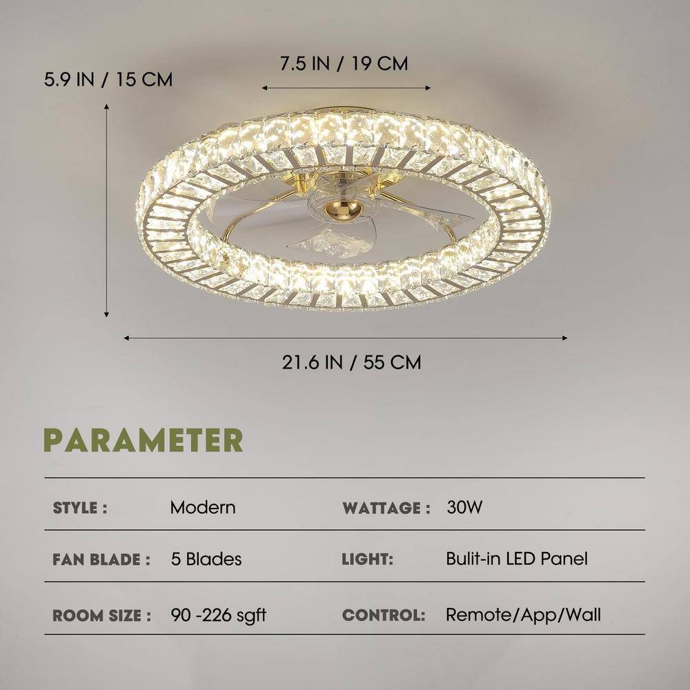 22 in. Indoor Gold Low Profile Crystal Ceiling Fan with Lights with Remote Included