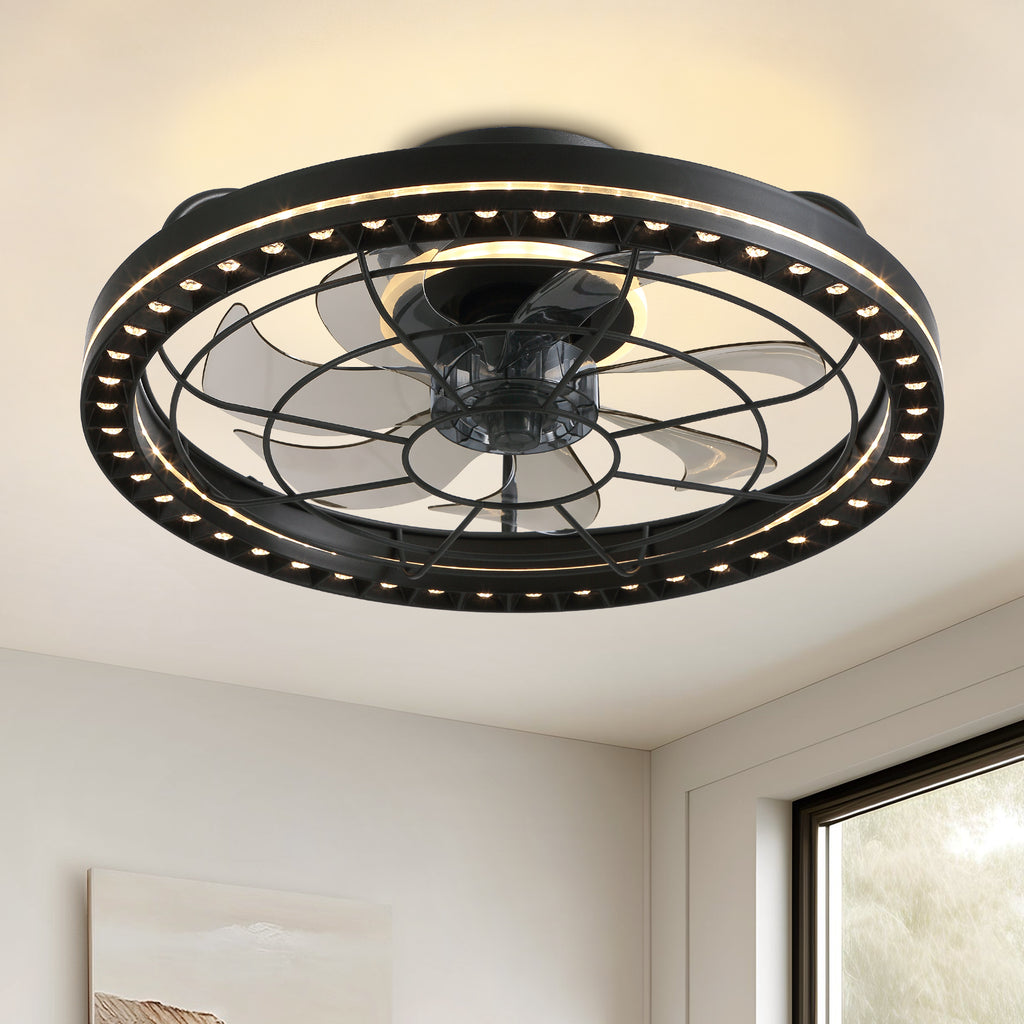 19 in. Indoor Black Low Profile Caged Ceiling Fan with Lights with Remote Included