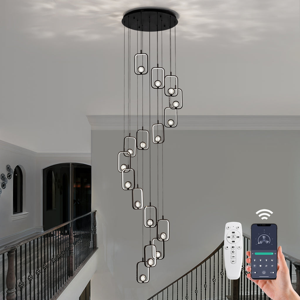 16-Light Black Cylinder Chandelier with Crystal Balls, Dimmable LED Lights & Remote Control for High Ceilings